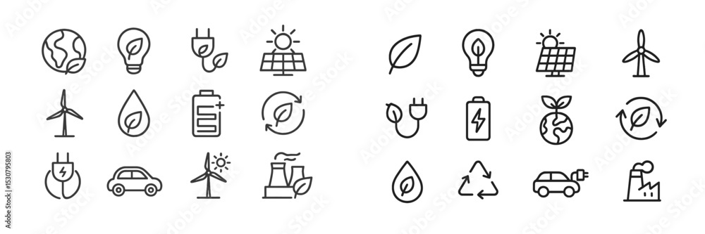 Poster icon set showcasing renewable energy concepts with symbols for wind, solar, and sustainable practice