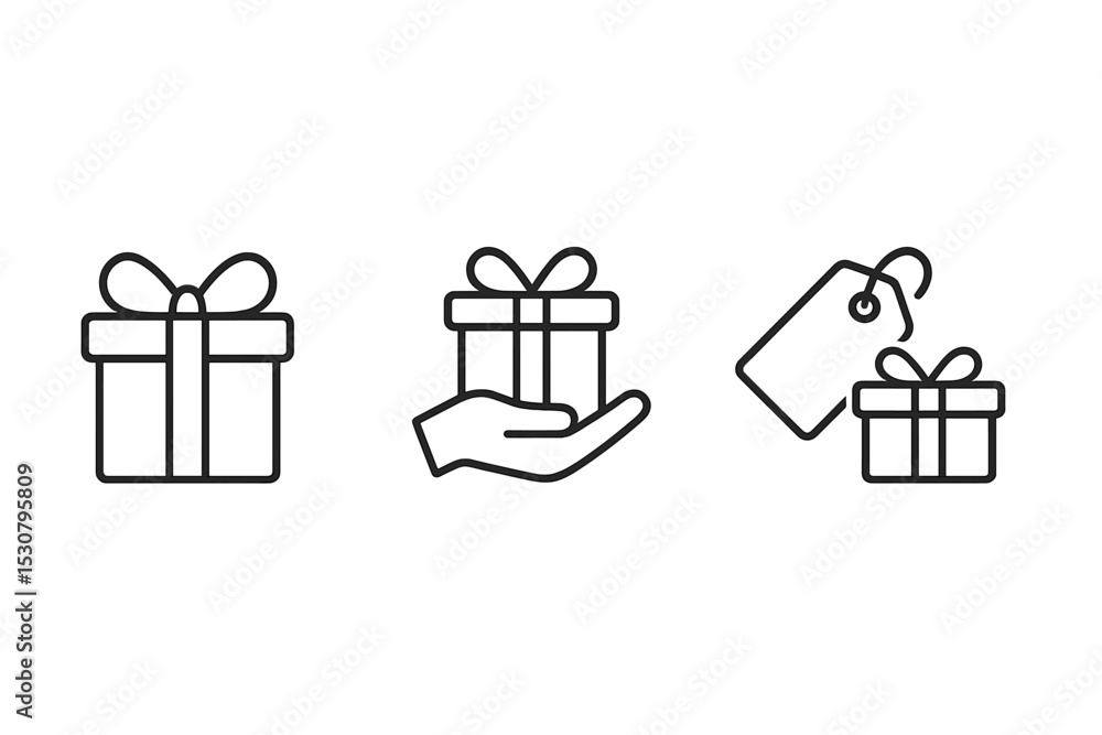 Poster gift boxes with ribbons and tags displayed in a minimalist style for special occasions or holidays