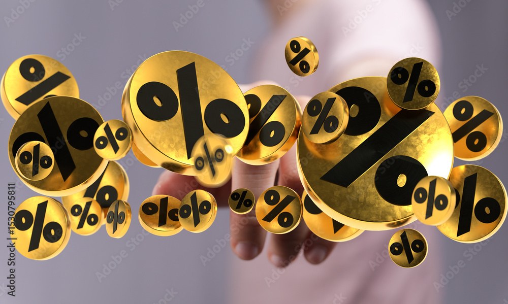 Poster 3d render of golden percentage symbols floating around a hand, perfect for finance, sales, discount 