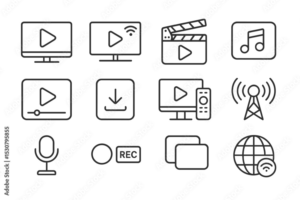 Poster icons representing various aspects of multimedia production and streaming technology at a digital me