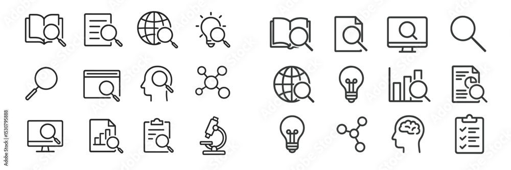 Aufkleber searching for information through various icons representing knowledge, research, and discovery in a
