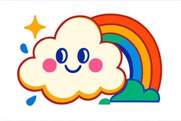 Colorful smiling cloud with a cheerful rainbow and sparkling stars in a bright, playful design
