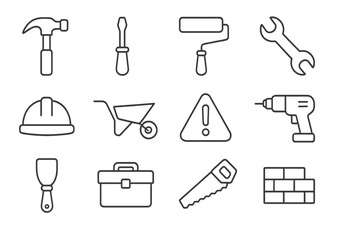 Tools used in construction and home improvement displayed on a plain background