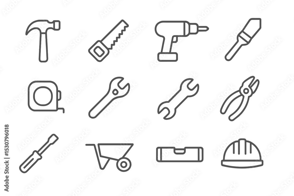Aufkleber collection of construction tools arranged in a grid pattern showcasing essential items for building 