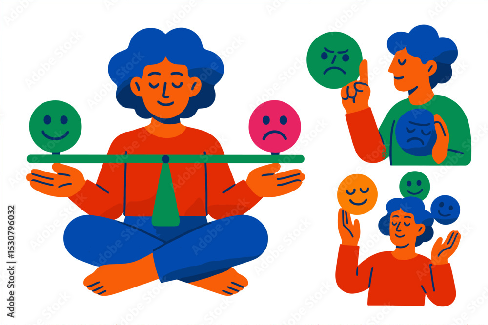 Poster balancing emotions through mindfulness practices in a colorful graphic illustration