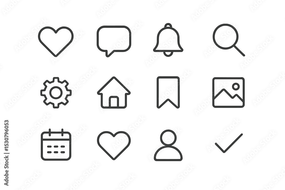 Aufkleber Icons illustrating various functions like notifications, settings, and user profiles displayed in a grid format on a simple background