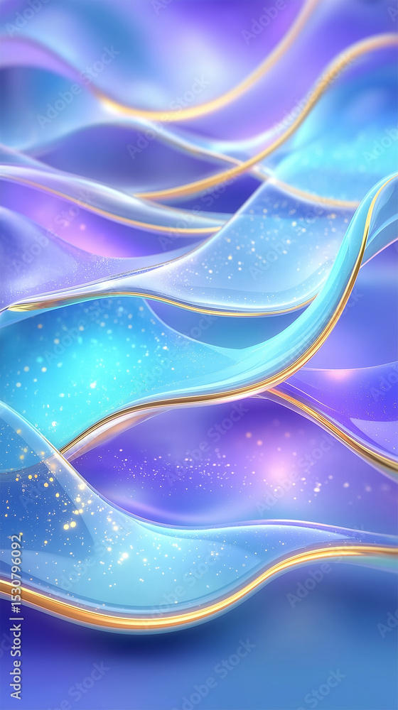 Poster flowing abstract waves in vibrant hues of blue and purple with shimmering highlights. smooth undulat
