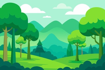 Obraz premium Vibrant Cartoon Forest Landscape Vector - Green Nature Background with Hills & Trees