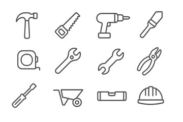 Collection of construction tools arranged in a grid pattern showcasing essential items for building and repair projects