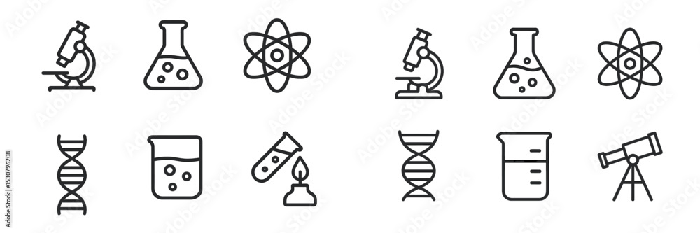 Poster science symbols and icons representing various fields of study, arranged in a neat layout for educat