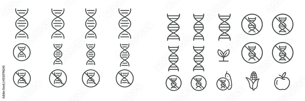 Poster Various DNA symbols and icons representing genetic modification and natural elements in a simple layout