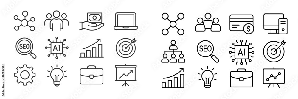 Poster digital marketing icons representing seo and ai growth strategies for businesses in a modern workspa