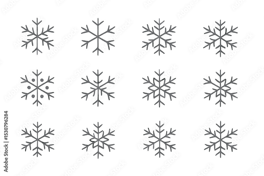 Poster Different snowflake designs arranged in a grid pattern showcasing unique shapes and patterns