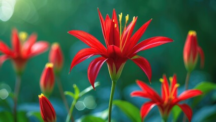 Fototapeta premium Beautiful Canna Indica Red flower with blur background. This plant, also called Canna paniculata from the Cannaceae family, is known as Canna tuerckheimii.