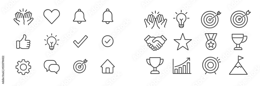 Poster collection of various simple line icons representing emotions, actions, and achievements in a minima