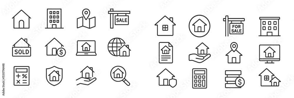 Poster real estate icons representing various aspects of property buying, selling, and management in a simp