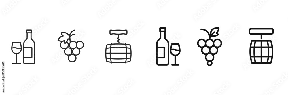 Poster wine production symbols representing various stages from grapes to bottles displayed in a minimalist