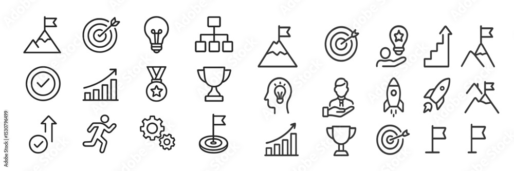 Poster icons representing achievement, creativity, and progress in a modern design style showcasing various