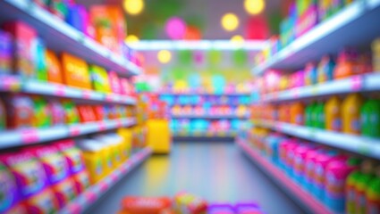 Abstract blur of supermarket store aisle and product shelves interior with a defocused background