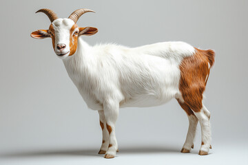 Isolated FullBody Portrait of a White and Brown Goat Standing on Gray Background