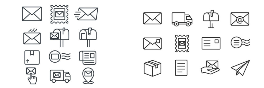 Collection of envelope and mail icons showcasing various delivery methods and communication tools in a minimalist design