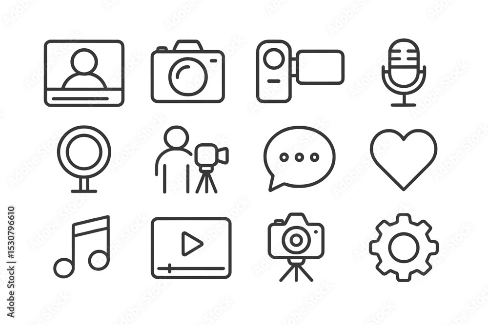 Poster icons representing different aspects of multimedia production and content creation in a modern digit