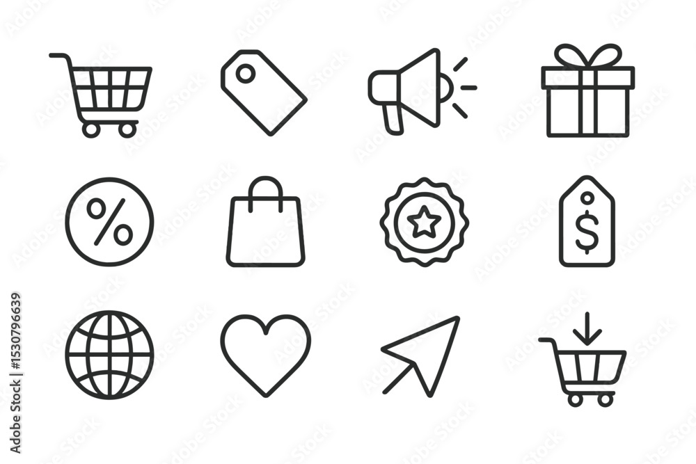 Aufkleber collection of shopping and marketing symbols in minimalistic line style for digital design and adver