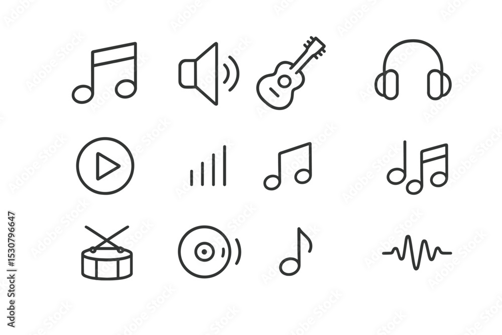 Poster various music-related icons showcasing sound, instruments, and audio elements in a minimalist design