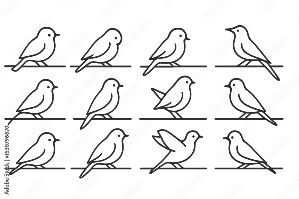 Poster birds perched on branches in a minimalist design showcasing various poses and angles
