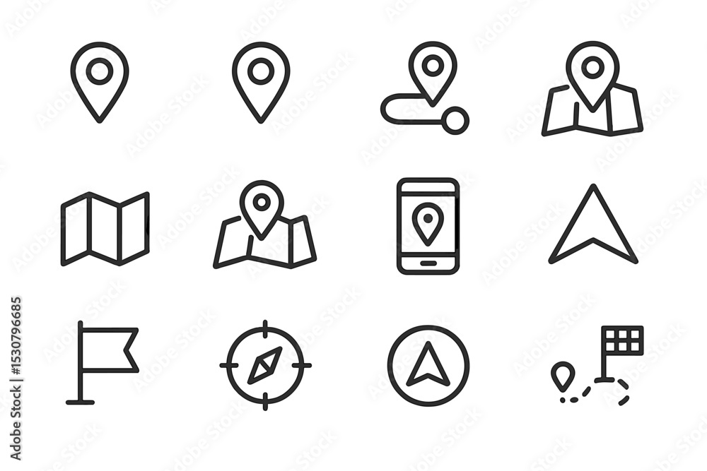 Poster Various map and navigation icons displayed in a grid format on a white background focused on digital location services
