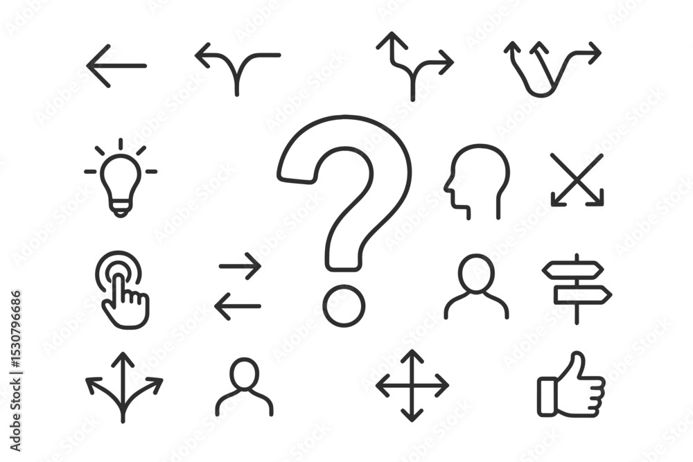 Poster Icons representing decision-making processes and navigation symbols displayed in a grid layout on a plain background