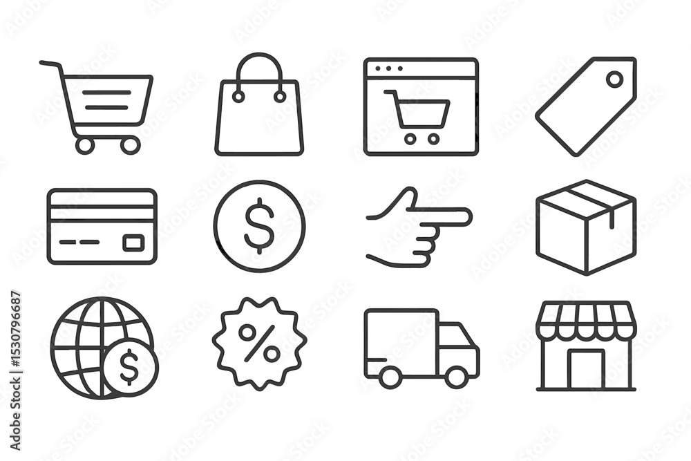Poster shopping icons collection representing e-commerce activities and transactions in a digital marketpla