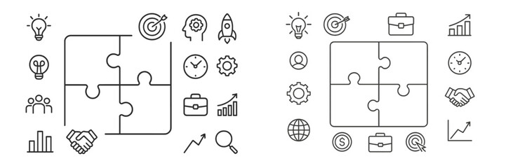 Creative puzzle design illustrating business growth, teamwork, and innovation with various icons and symbols