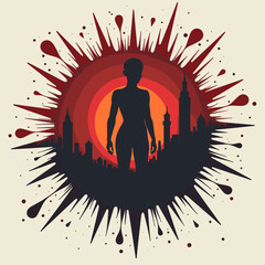 Abstract silhouette of a person against a city skyline at sunset  
