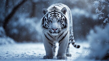A white Bengal cat surrounded by falling snowflakes.