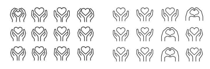 Fototapeta premium Various heart and hand illustrations depicting love and care in simple line art design
