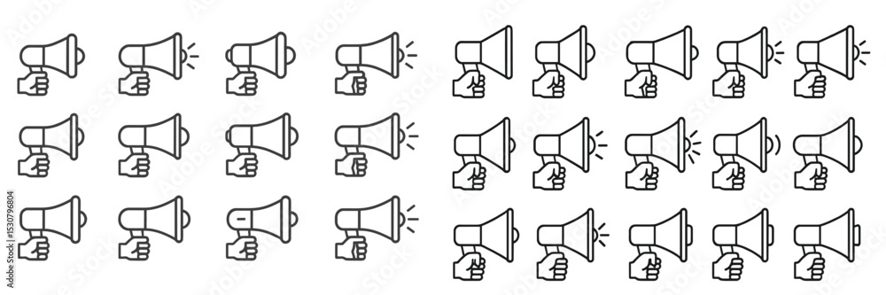 Poster collection of hand-drawn megaphones in various positions for creative projects and presentations