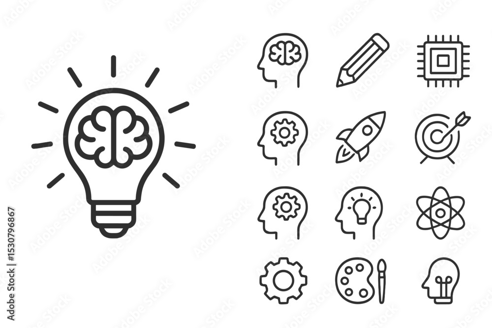 Poster creativity and innovation symbols with light bulb and brain illustration representing ideas and thou