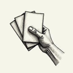 Hand holding three blank cards in a sketch style  