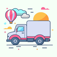 Cartoon Delivery Truck Illustration Featuring A Balloon And Clouds In A Light Color Palette