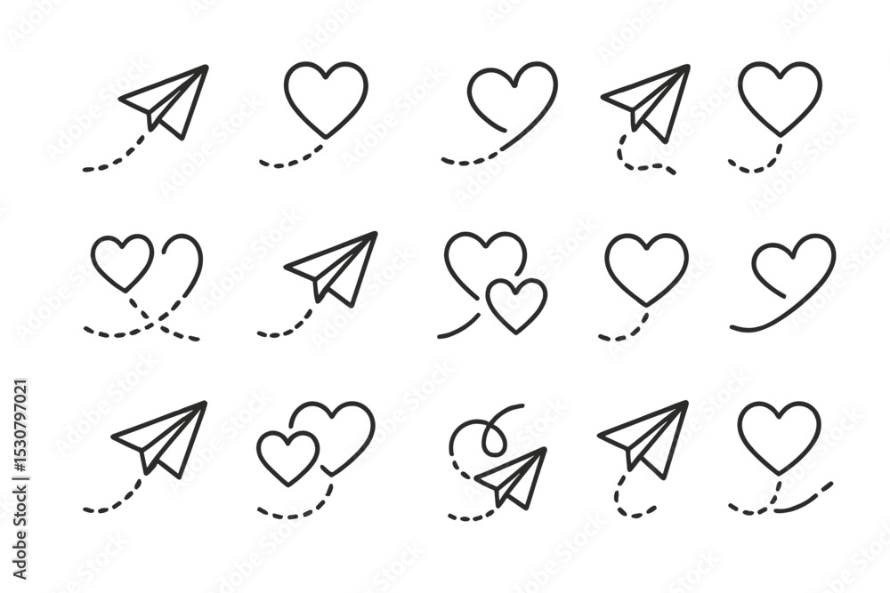 Poster creative illustrations of paper airplanes and hearts in various playful arrangements to convey love 