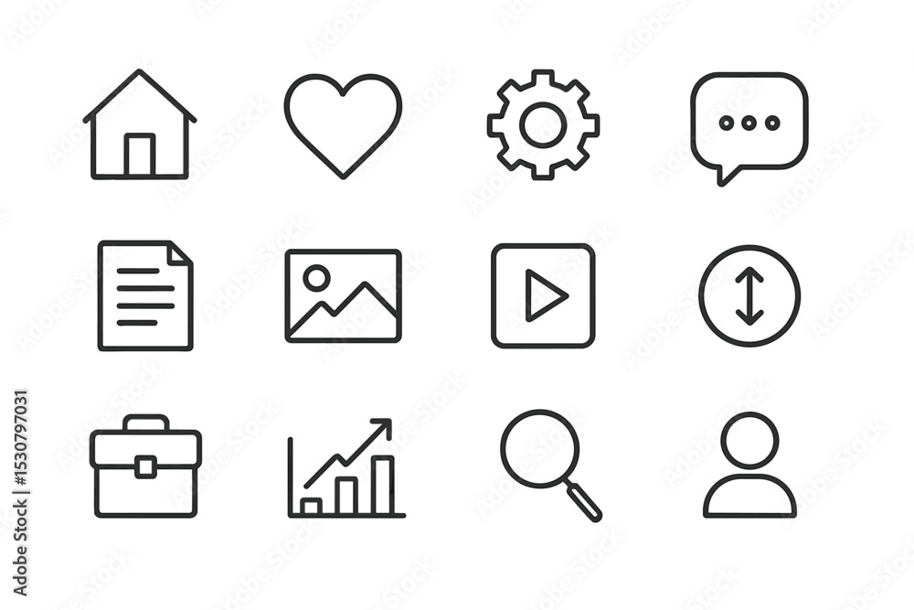 Poster collection of minimalistic icons representing various activities and concepts related to home, commu