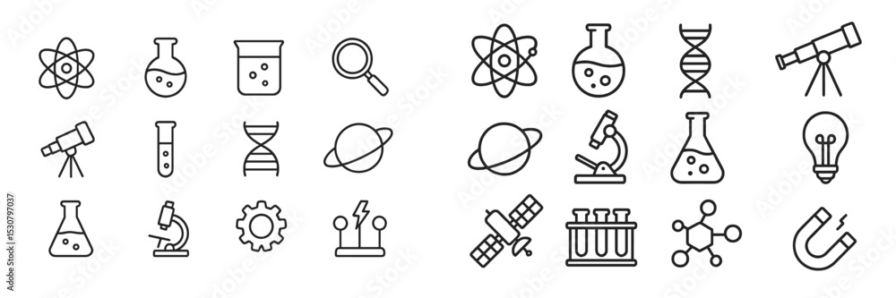 Poster Simple line icons representing various science and technology concepts in a creative arrangement