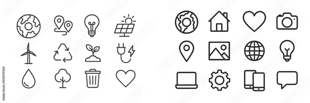 Poster icons representing sustainability and technology in a modern design layout with various symbols of e