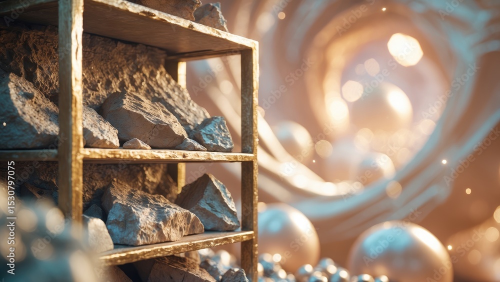Poster a shelving unit made of rock mineral products showcasing its rough texture set against a bokeh backg