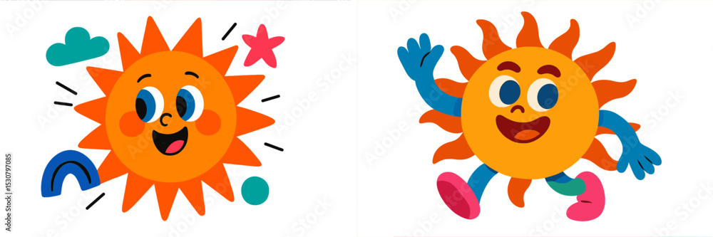 Aufkleber cute cartoon suns with smiling faces and playful expressions in bright colors on a cheerful backgrou