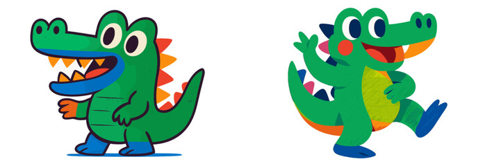 Fototapeta premium Colorful cartoon crocodiles engaging in playful activities in a vibrant, animated setting during daylight
