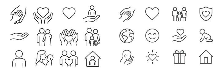 Collection of diverse line icons representing love, care, and community in various scenarios including family and support activities