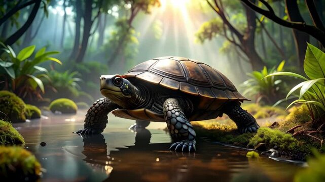 Tranquil scene of a turtle walking through a shallow river in a lush forest with sunlight