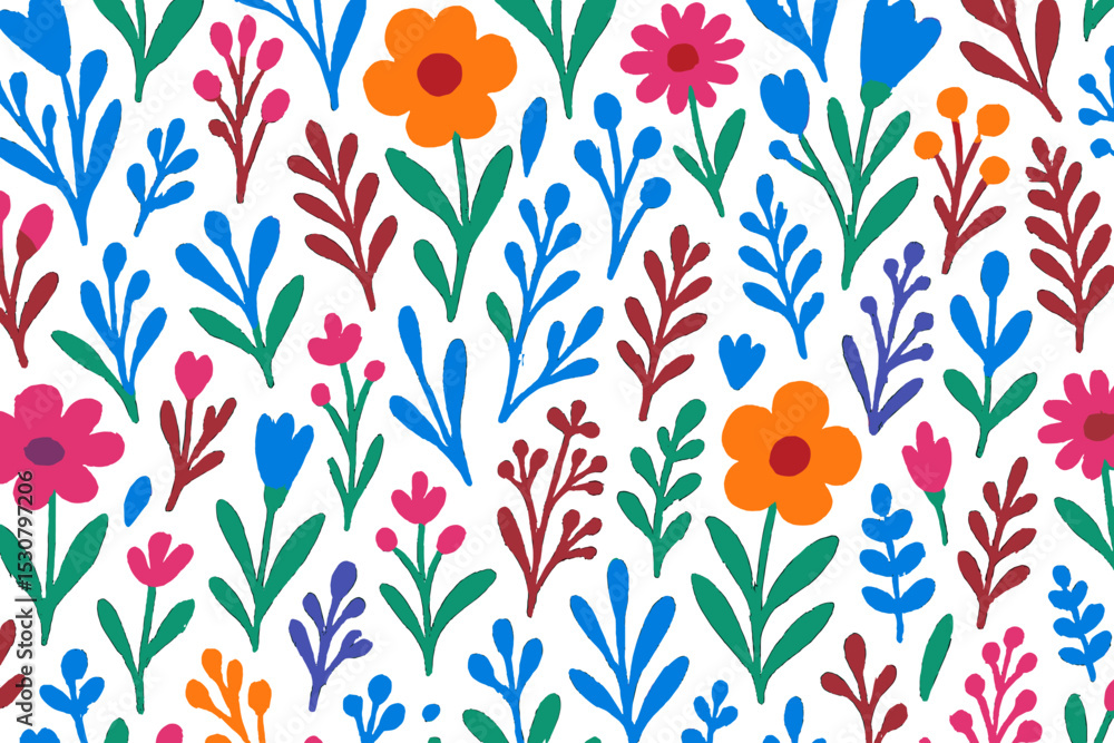 Poster bright floral pattern with colorful flowers and greenery on a white background ideal for various des